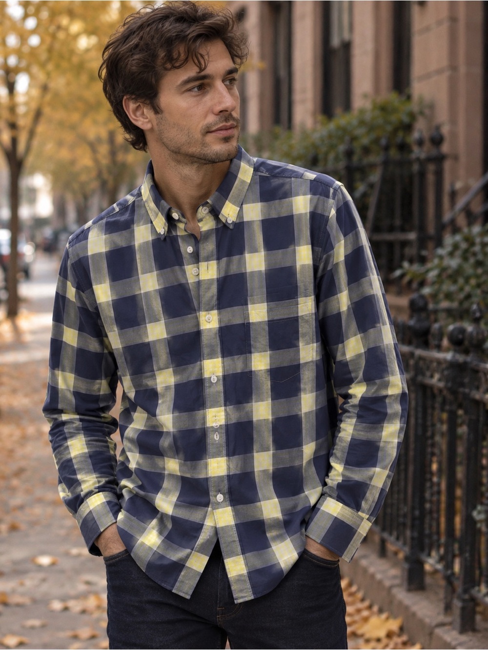 J. Crew Navy and Yellow Check Button-Down Shirt